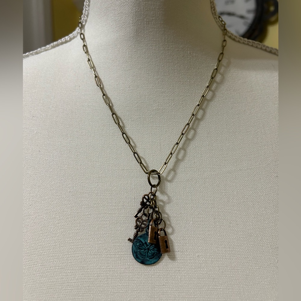 Handmade gold & bronze 16” necklace w/ butterfly & lock/key charms. Nickel free.